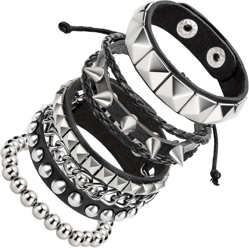 JOLYEAK Punk Leather Rivets Bracelets Punk Rock Leather Studded Bracelets 80s Wristband Emo Gothic Spike Cuff Bracelet Set for Men Women Rocker Outfits Skull Bracelet - Image 1